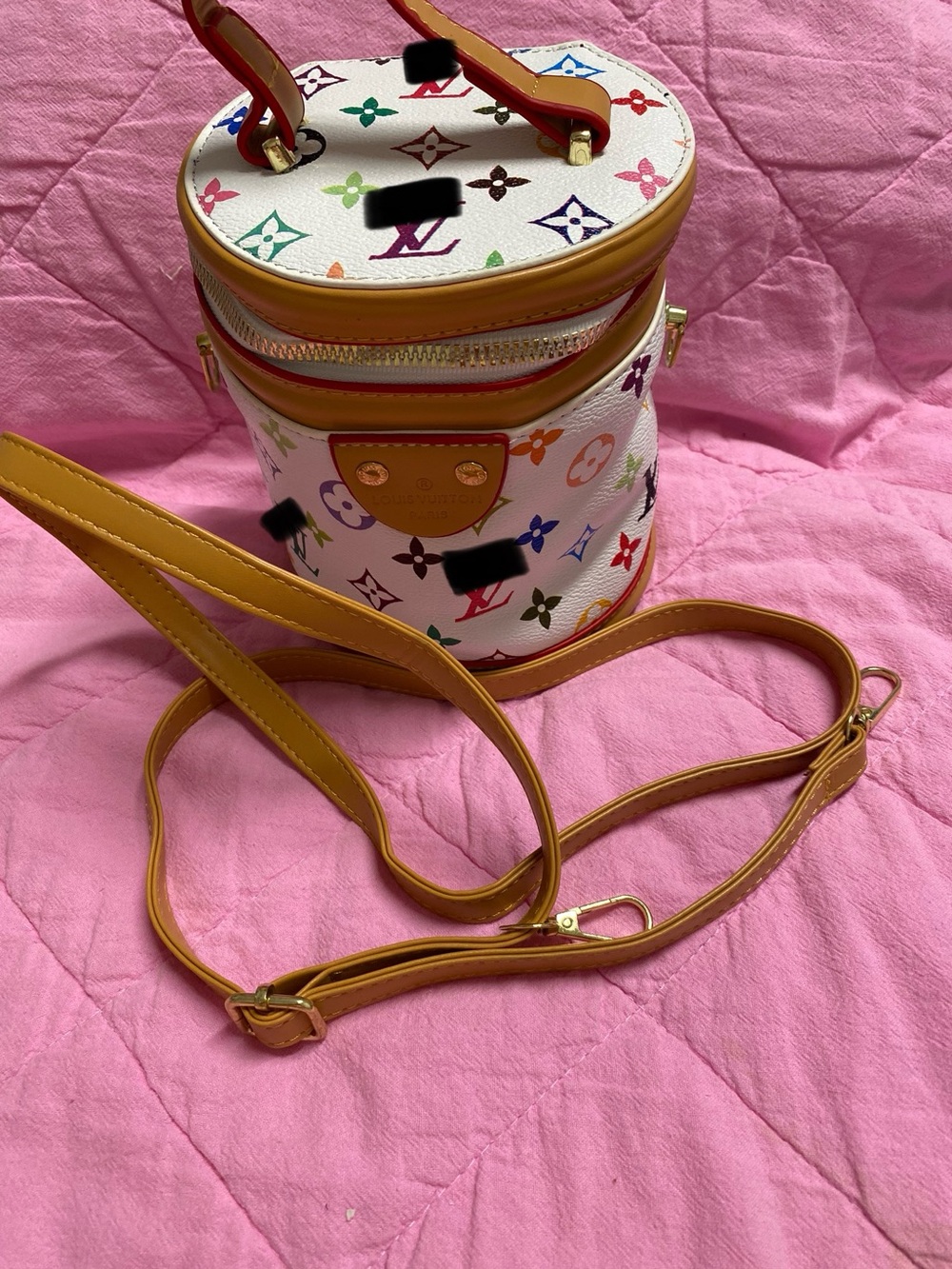 Designer-Inspired White Multicolor Monogram Bucket Bag with Tan Trim